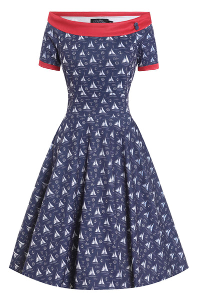 Front View of Nautical Sailboat Off Shoulder Dress in Navy Blue