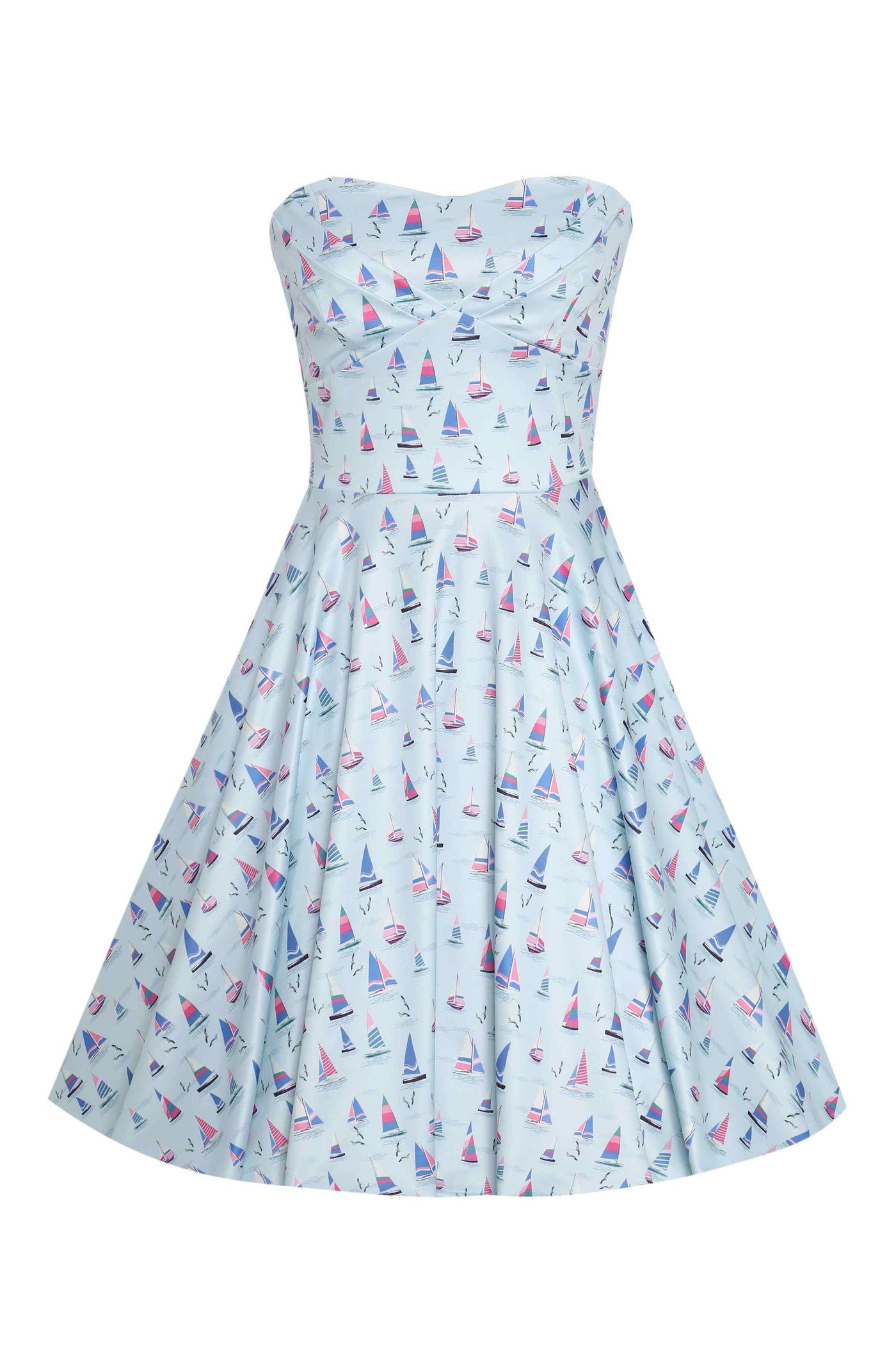 Front view of Light Blue Nautical Sailboat Strapless Dress