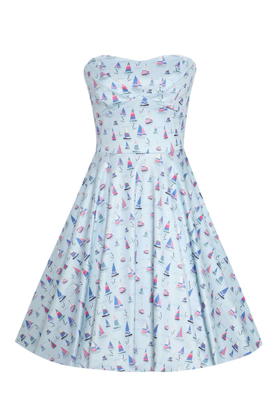 Front view of Light Blue Nautical Sailboat Strapless Dress