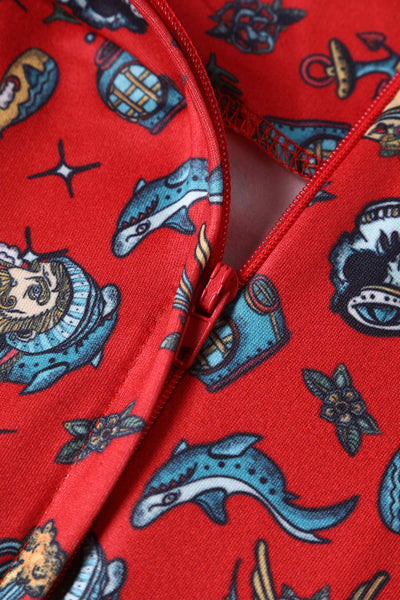 Close up view of Nautical Sailor 50s Style Dress in Red