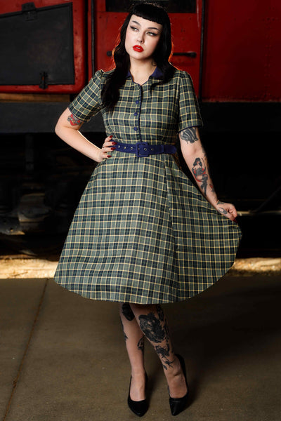 A model wearing  Navy & Grey Tartan Shirt Dress