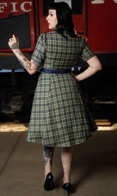 Back view of Navy & Grey Tartan Shirt Dress