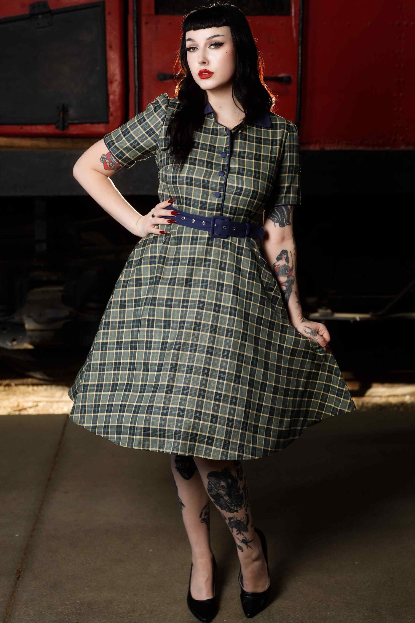 Front view of  model wearing  Navy & Grey Tartan Shirt Dress