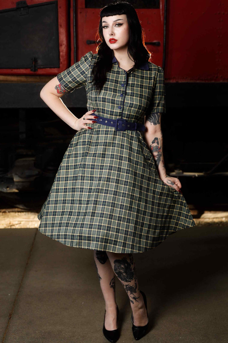 Front view of  model wearing  Navy & Grey Tartan Shirt Dress