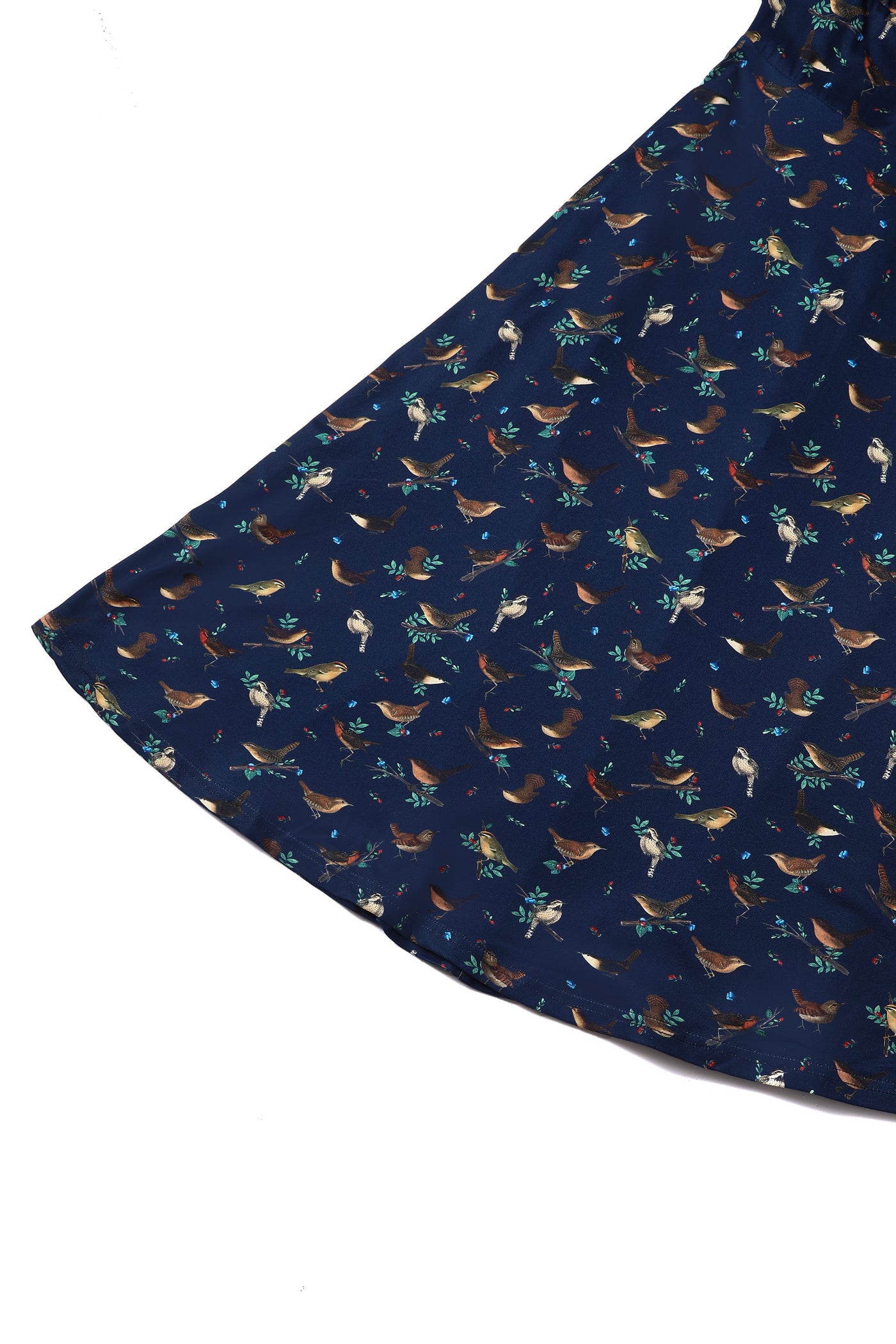 Close up view of navy blue bird print sleeved swing dress
