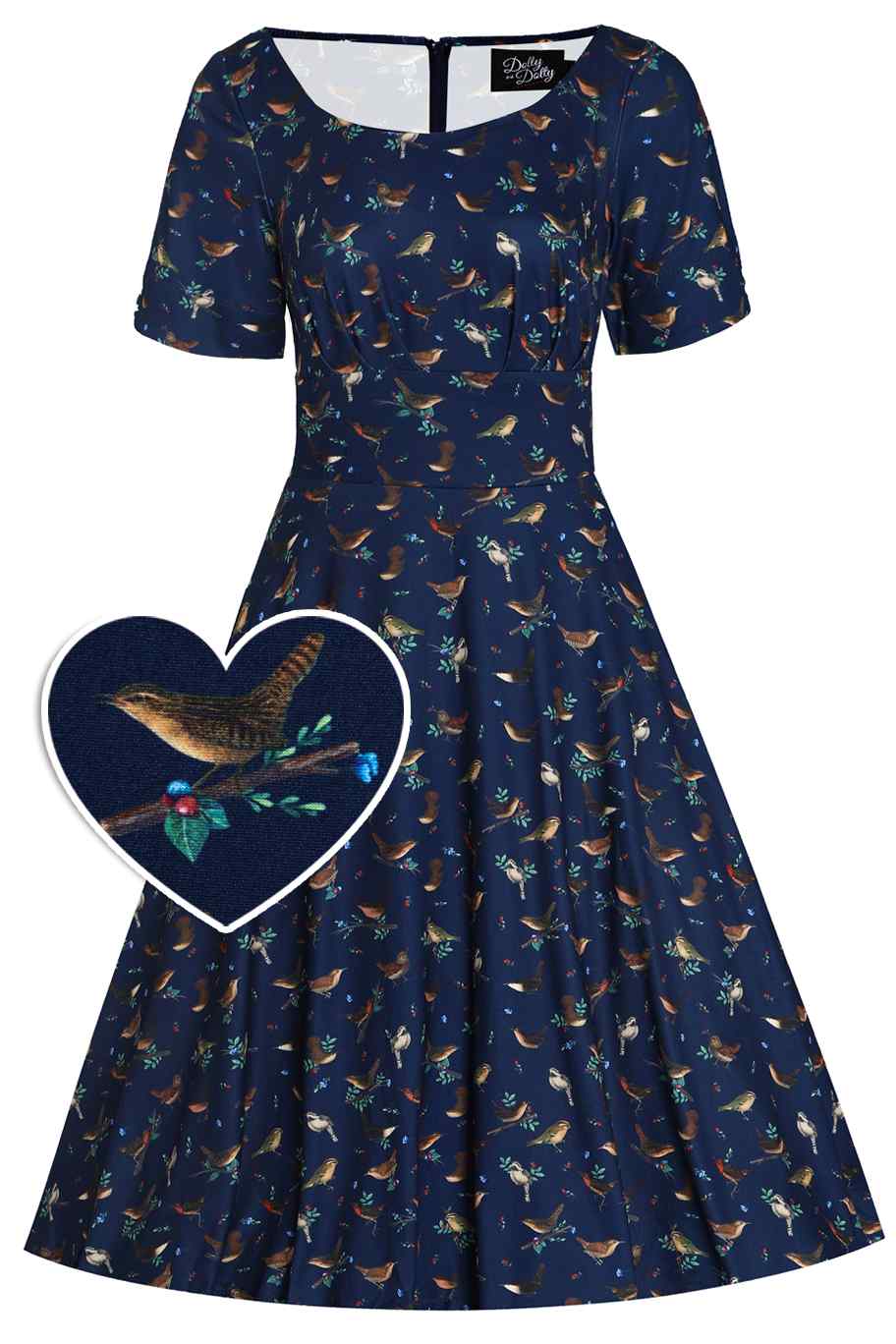 Front view of navy blue bird print sleeved swing dress