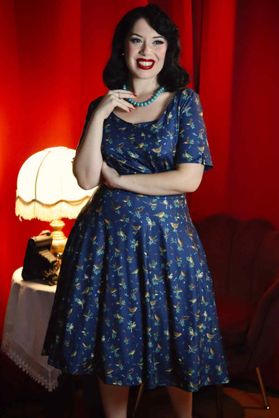 A lady wearing a Brenda Navy Blue Bird Print Dress