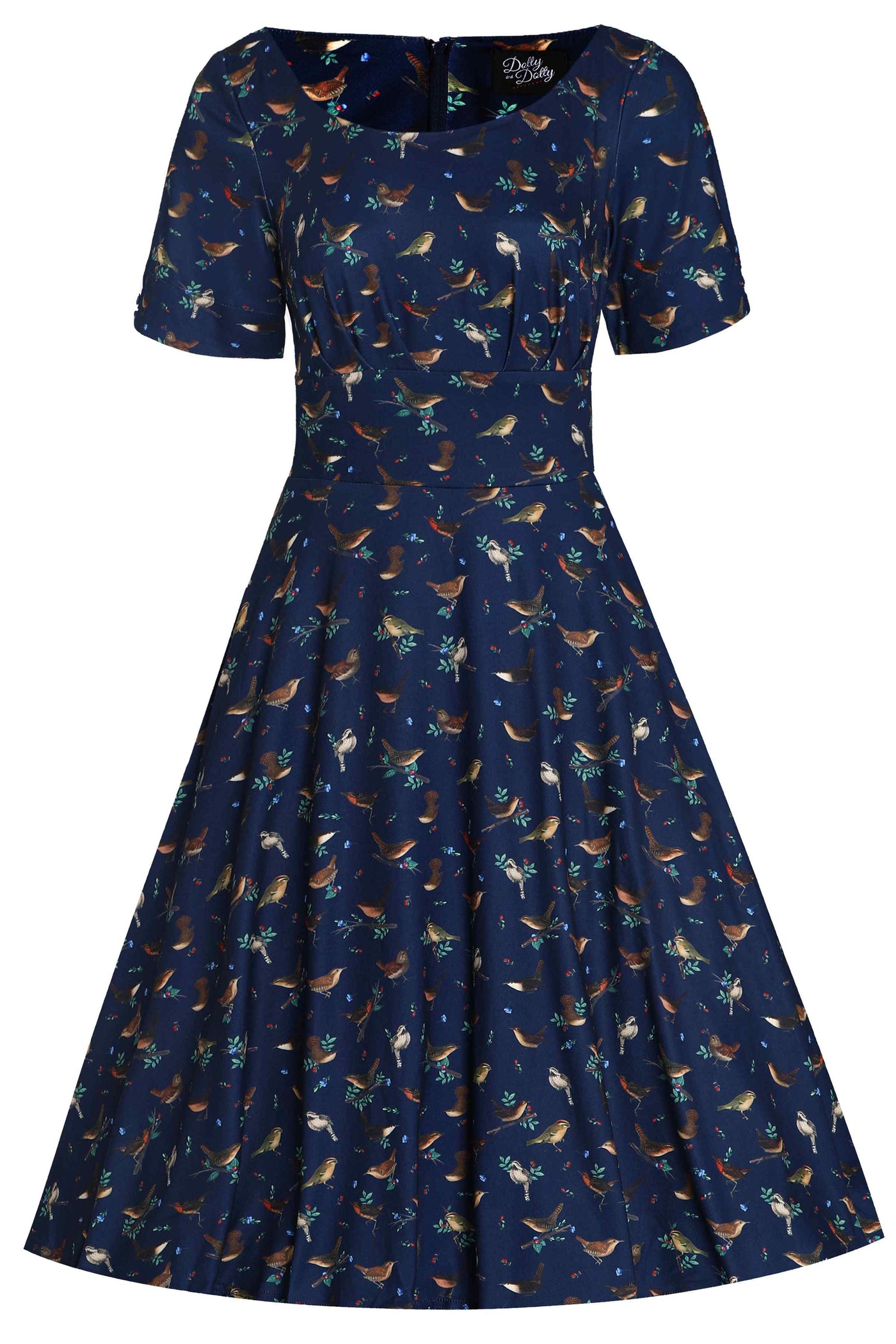 Front view of Brenda Navy Blue Bird Print Dress
