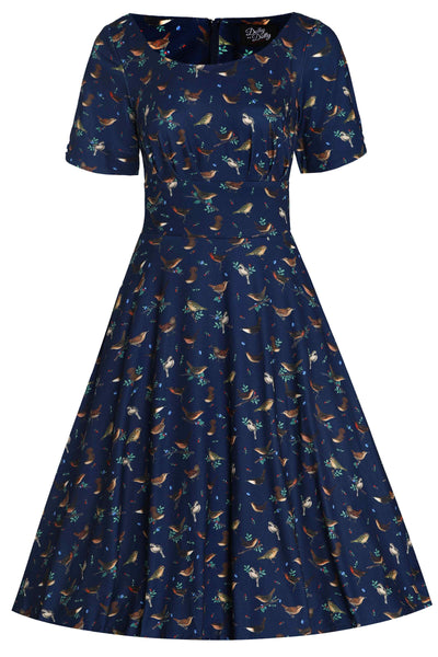 Front view of Brenda Navy Blue Bird Print Dress