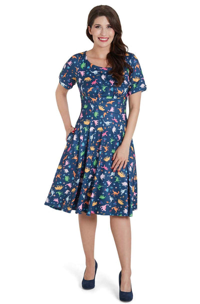 Navy Blue Dinosaur Flared Dress