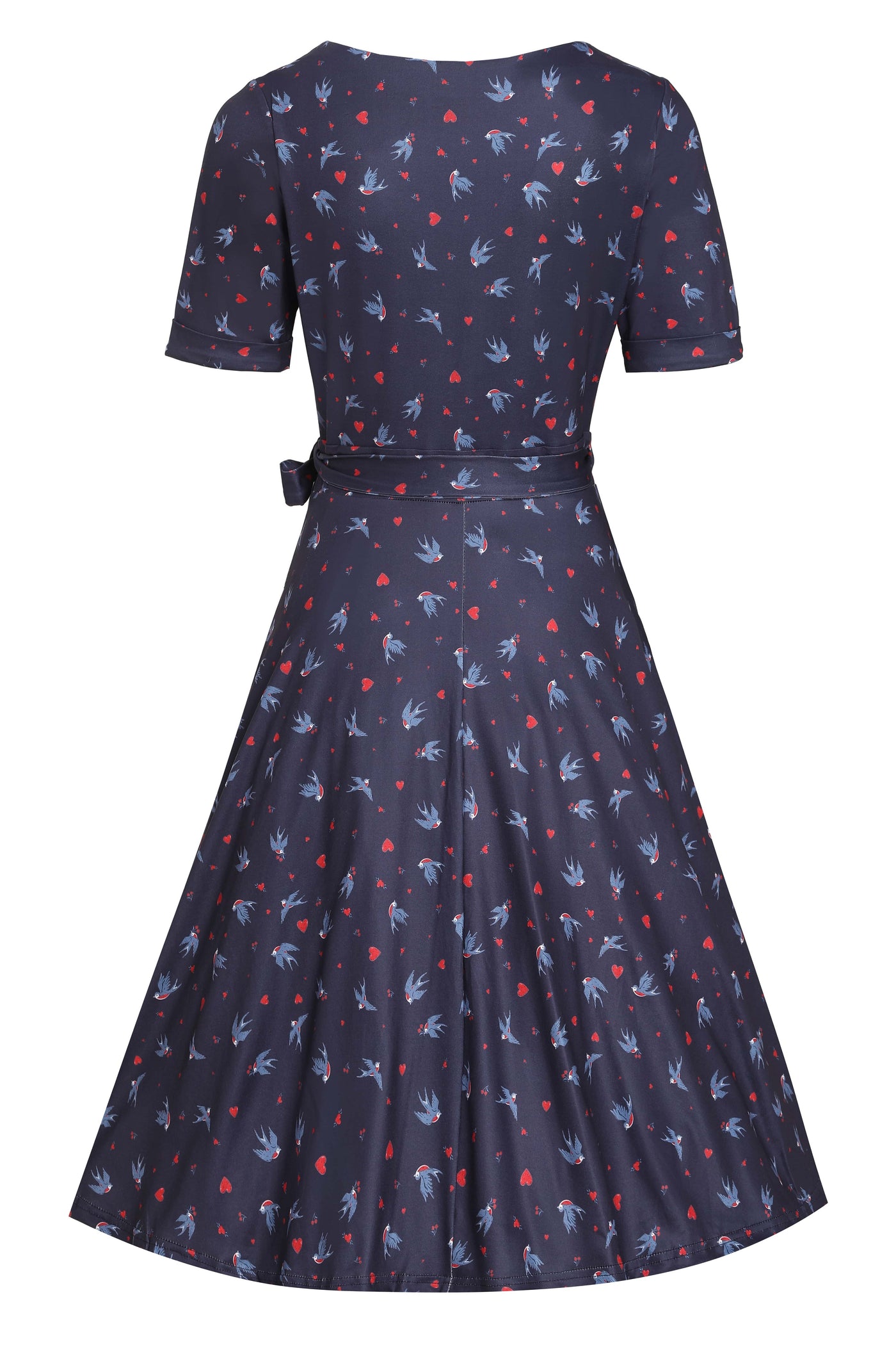 Navy Blue Heart & Swallow Wrap Dress