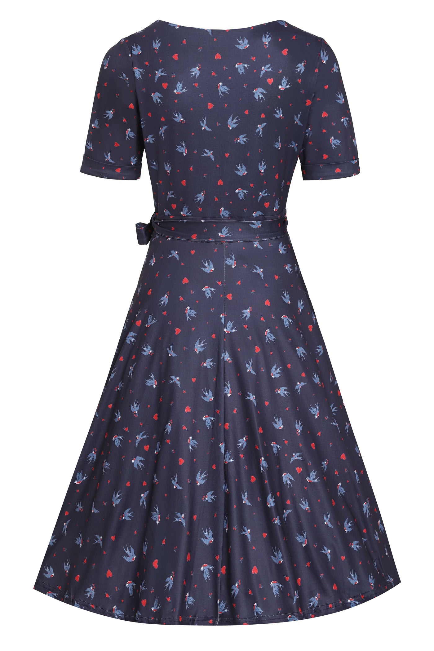  Back view of Navy Blue Heart & Swallow Wrap Dress