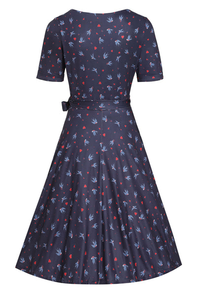Navy Blue Heart & Swallow Wrap Dress