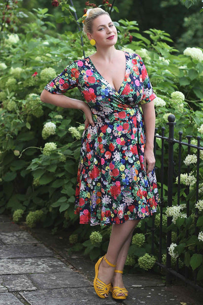 Navy Blue Midnight Garden Floral Wrap Dress