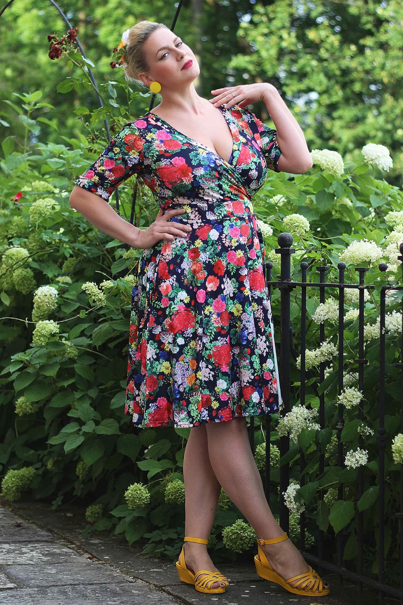 Navy Blue Midnight Garden Floral Wrap Dress