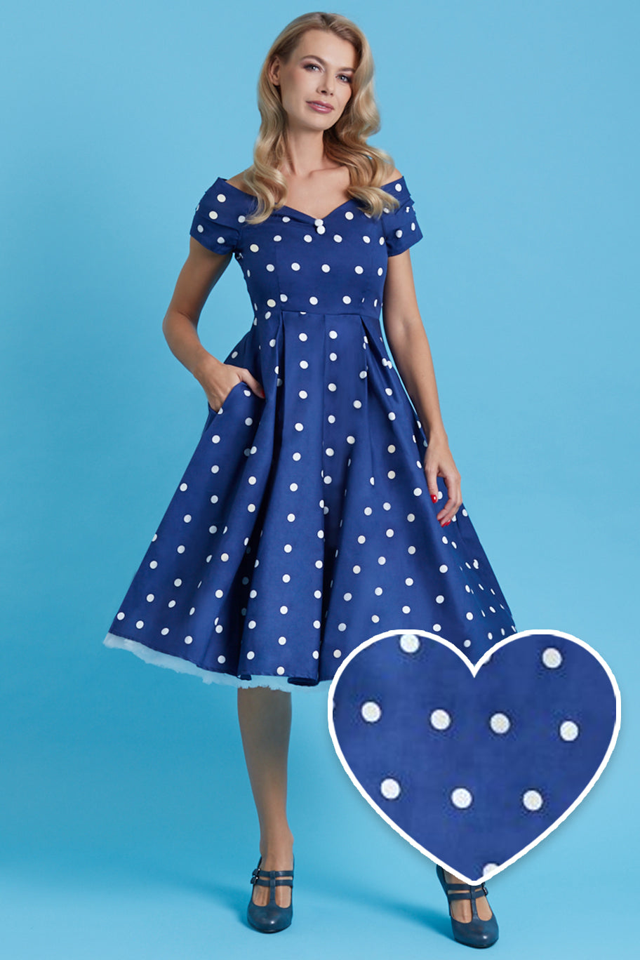 Navy Blue Polka Dot Off Shoulder Circle Dress
