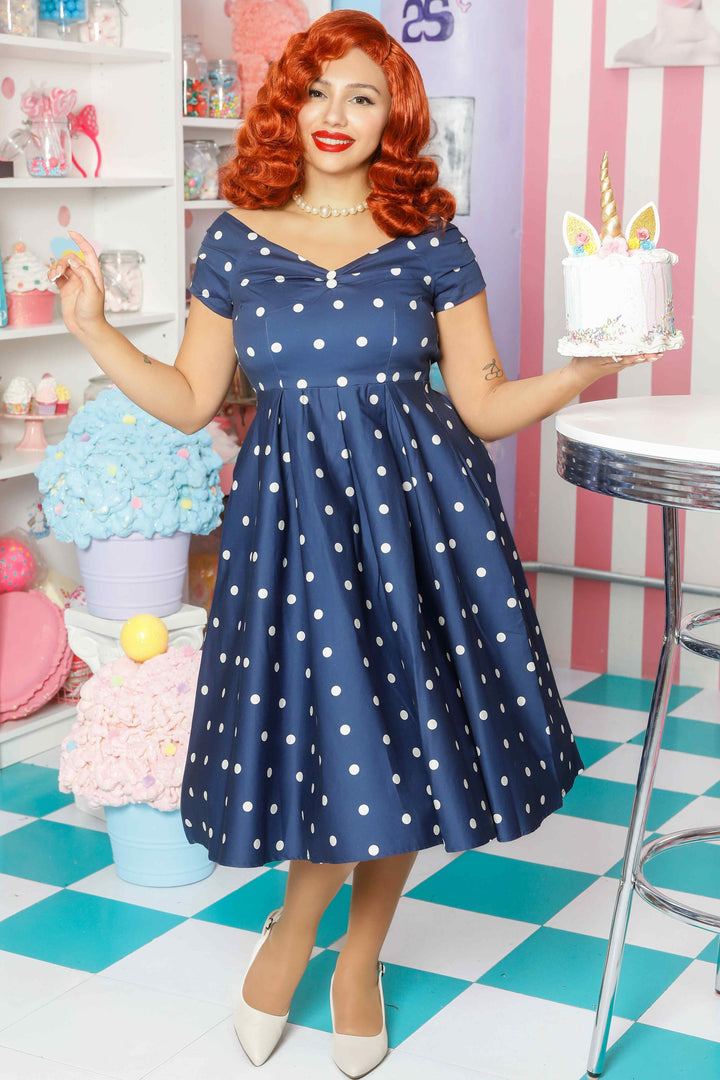 Lily 50s Style Circle Dress in Navy Blue Polka Dots