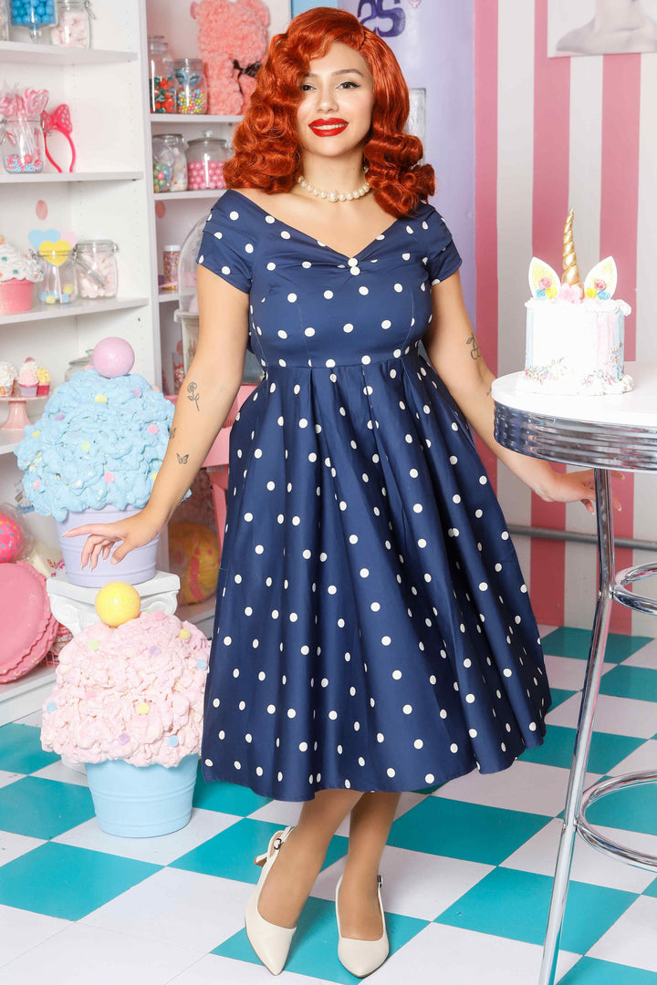 off shoulder circle dress Lily Navy Blue Polka Dot Off Shoulder Circle Dress
