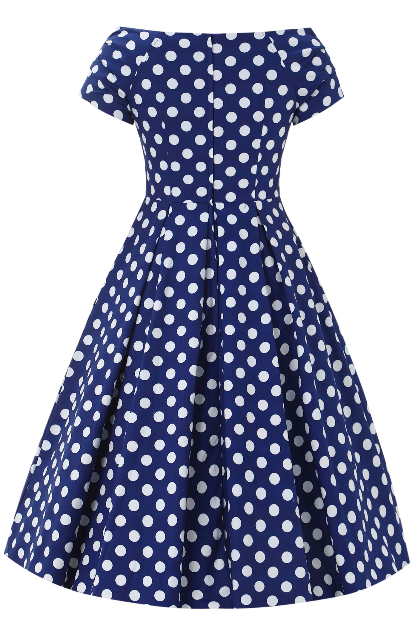 Back view of Navy Blue Polka Dot Off Shoulder Dress