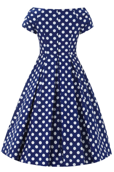 Back view of Navy Blue Polka Dot Off Shoulder Dress