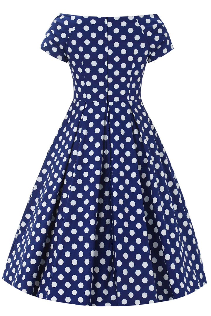 Retro Navy Blue Polka Dot Off Shoulder Dress Retro Navy Blue Polka Dot Off Shoulder Dress