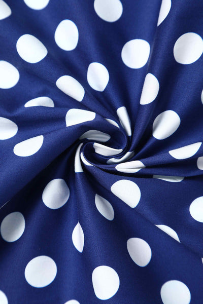 Close up view of Navy Blue Polka Dot Off Shoulder Dress