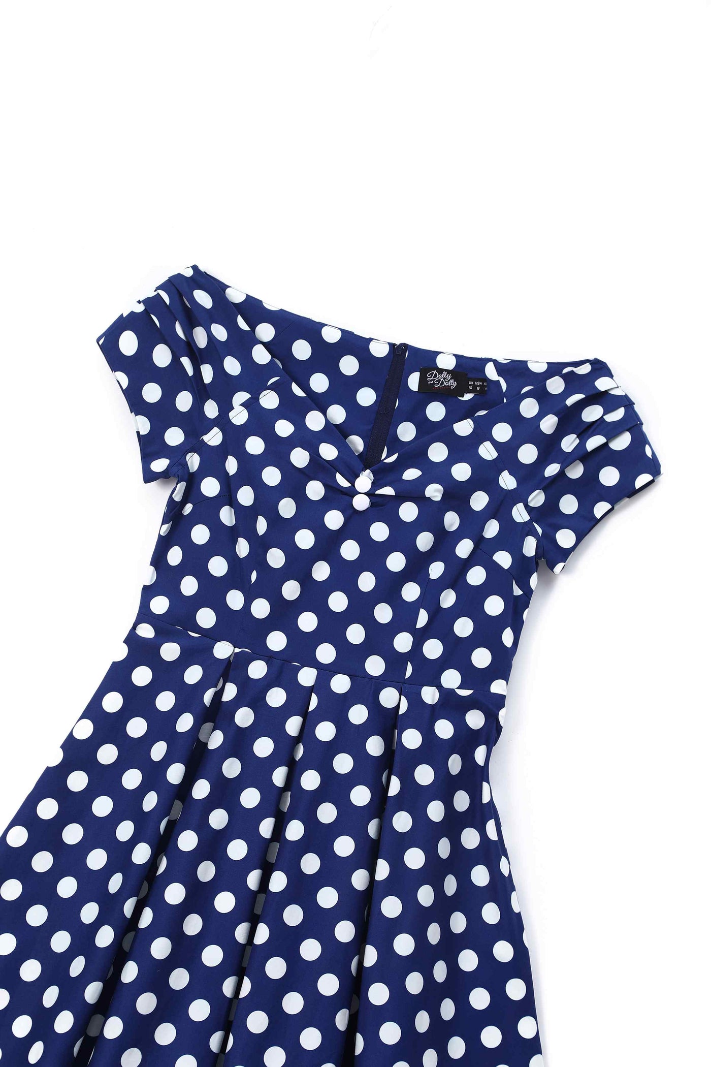 Close up view of Navy Blue Polka Dot Off Shoulder Dress