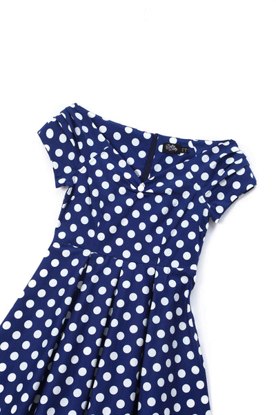 Close up view of Navy Blue Polka Dot Off Shoulder Dress