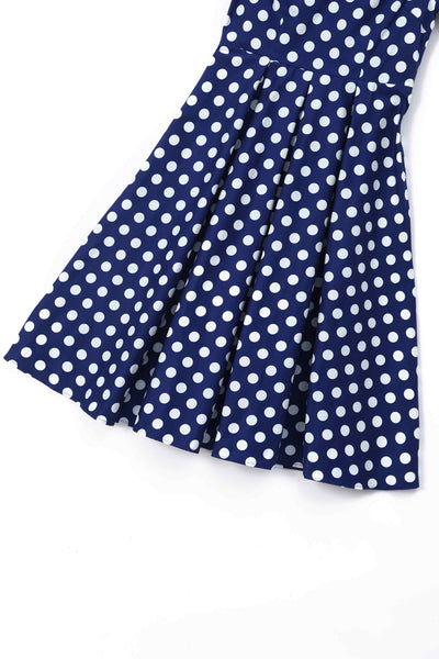 Close up view of Navy Blue Polka Dot Off Shoulder Dress