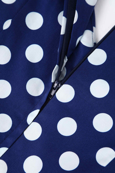 Close up view of Navy Blue Polka Dot Off Shoulder Dress