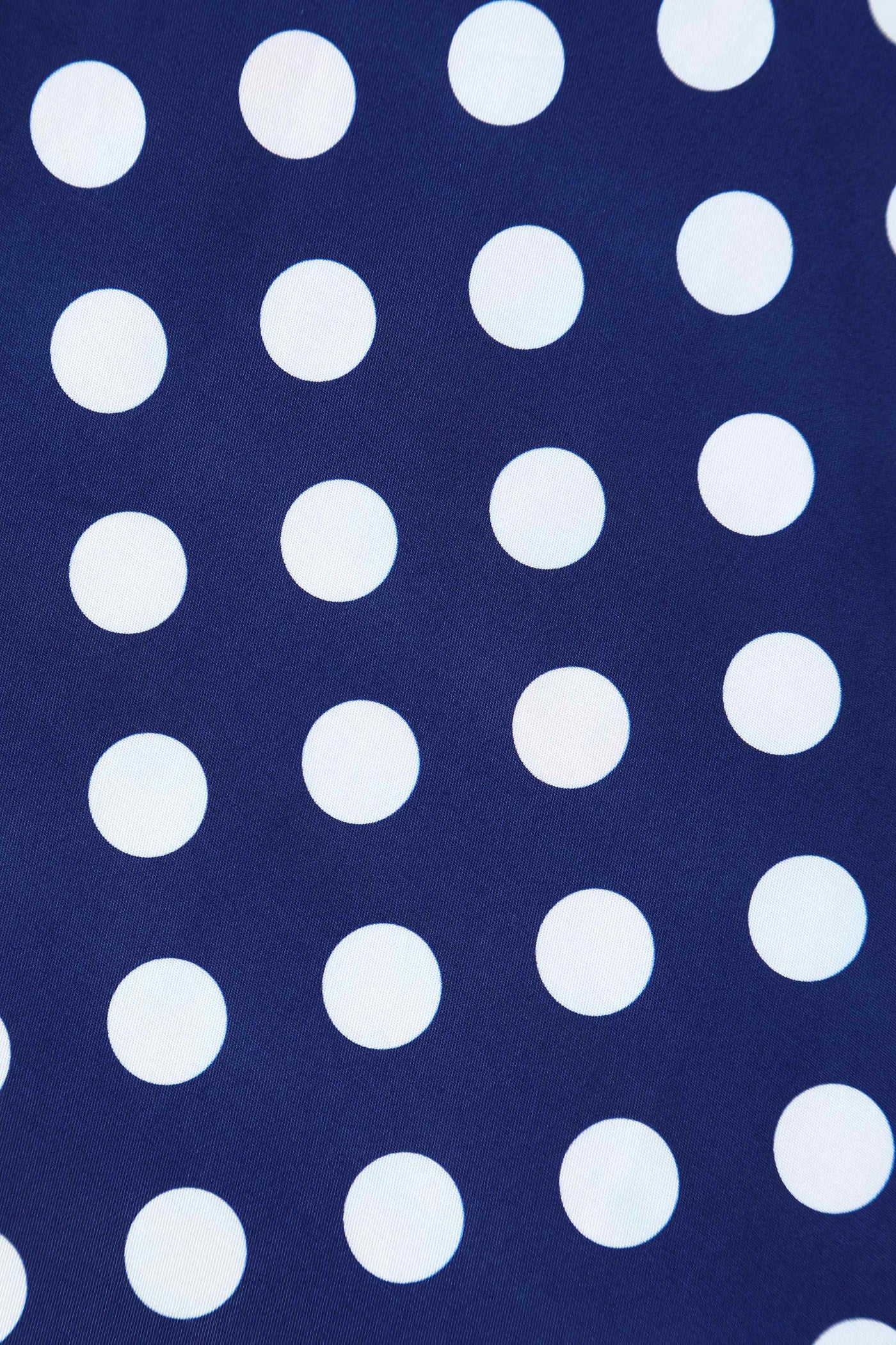 Close up view of Navy Blue Polka Dot Off Shoulder Dress
