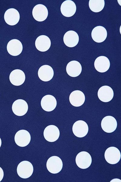 Close up view of Navy Blue Polka Dot Off Shoulder Dress