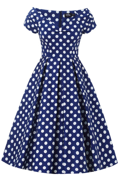 Front view of Navy Blue Polka Dot Off Shoulder Dress