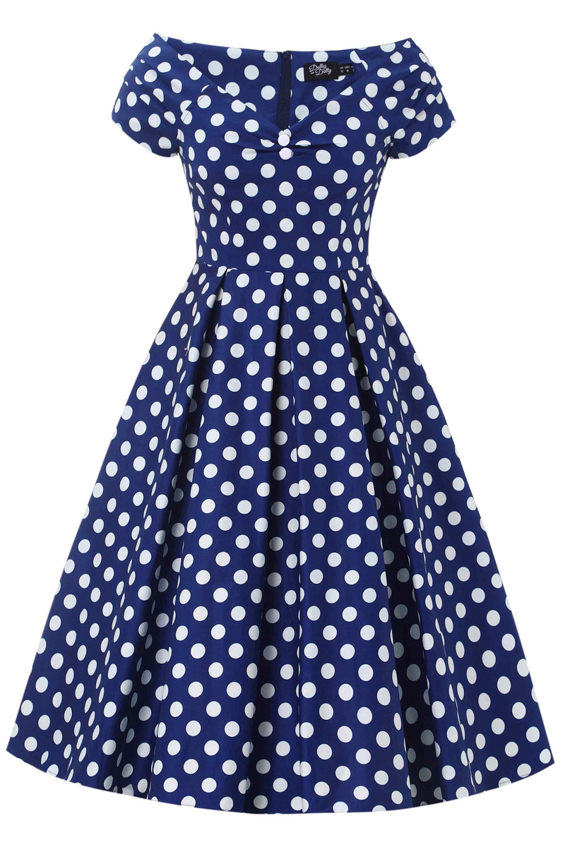Front view of Navy Blue Polka Dot Off Shoulder Dress