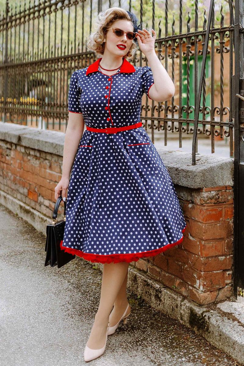 Womens Dresses Polka Shirt Dress Navy Blue Polka Dot Dress