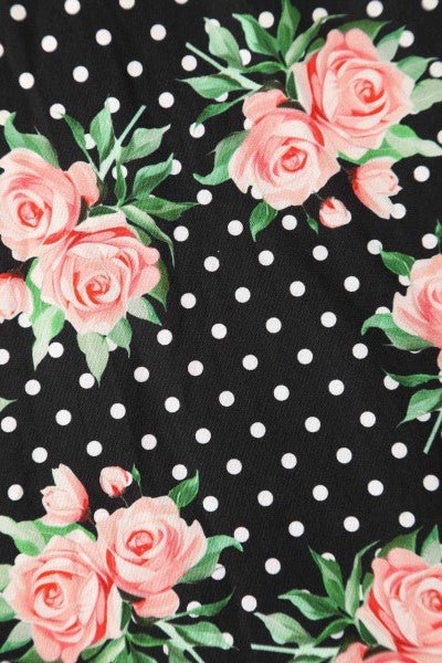 Close up view of Navy Blue Polka Dot Rose Shirt Dress