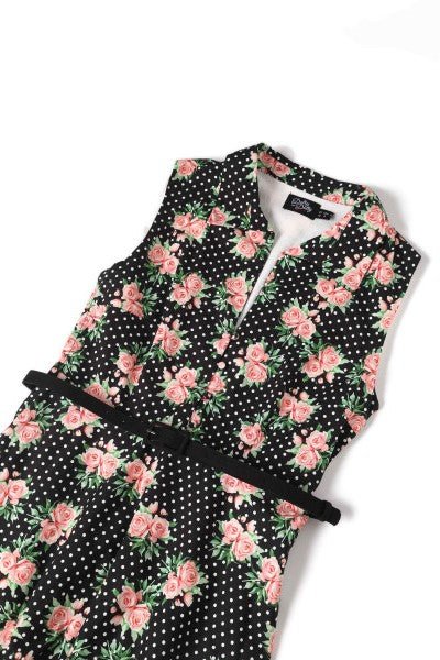 Close up view of Navy Blue Polka Dot Rose Shirt Dress