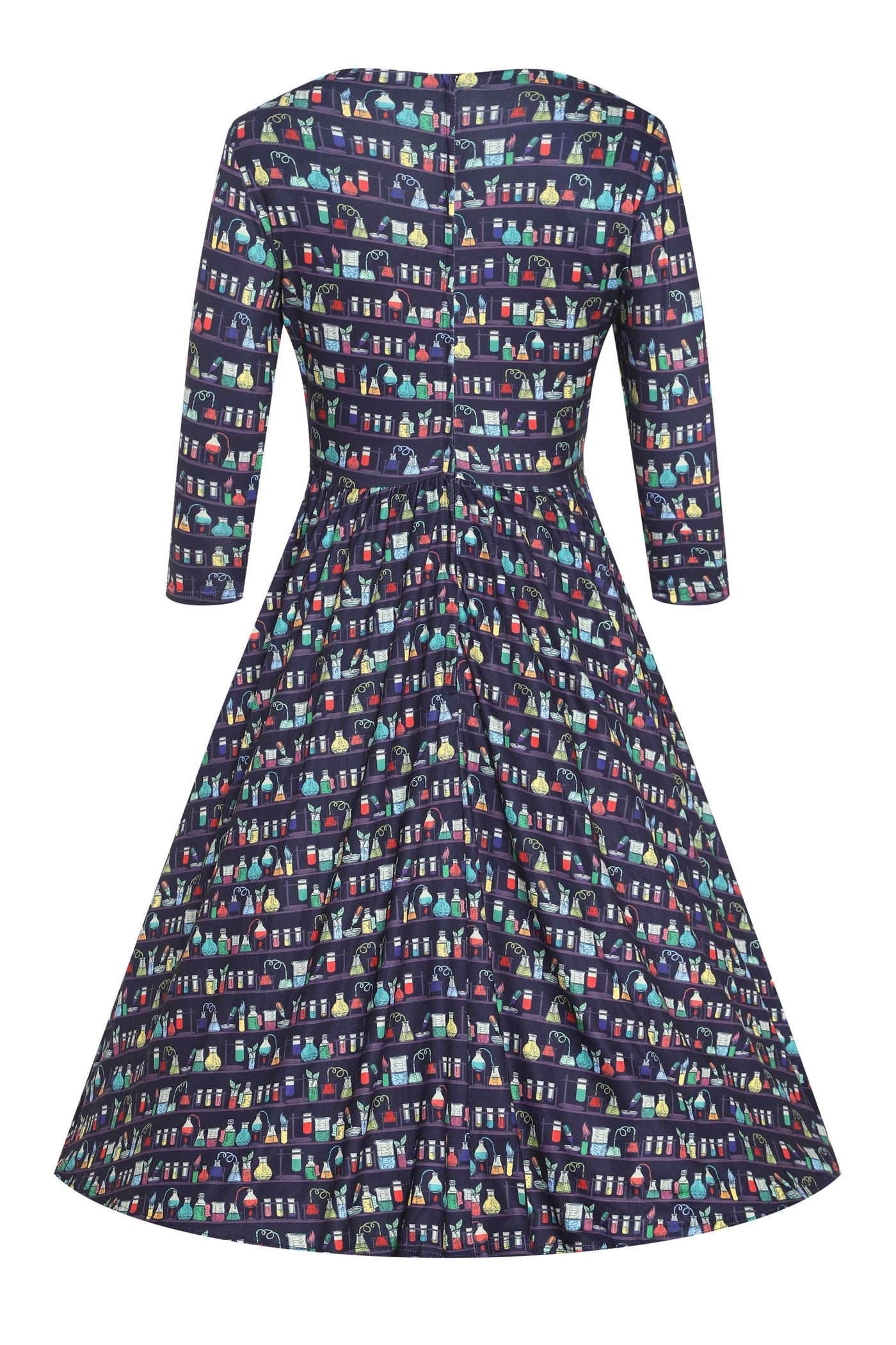 Back view of view of Navy Blue Science Lab Print Flared Dress