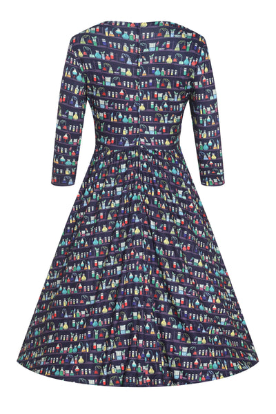 Back view of view of Navy Blue Science Lab Print Flared Dress