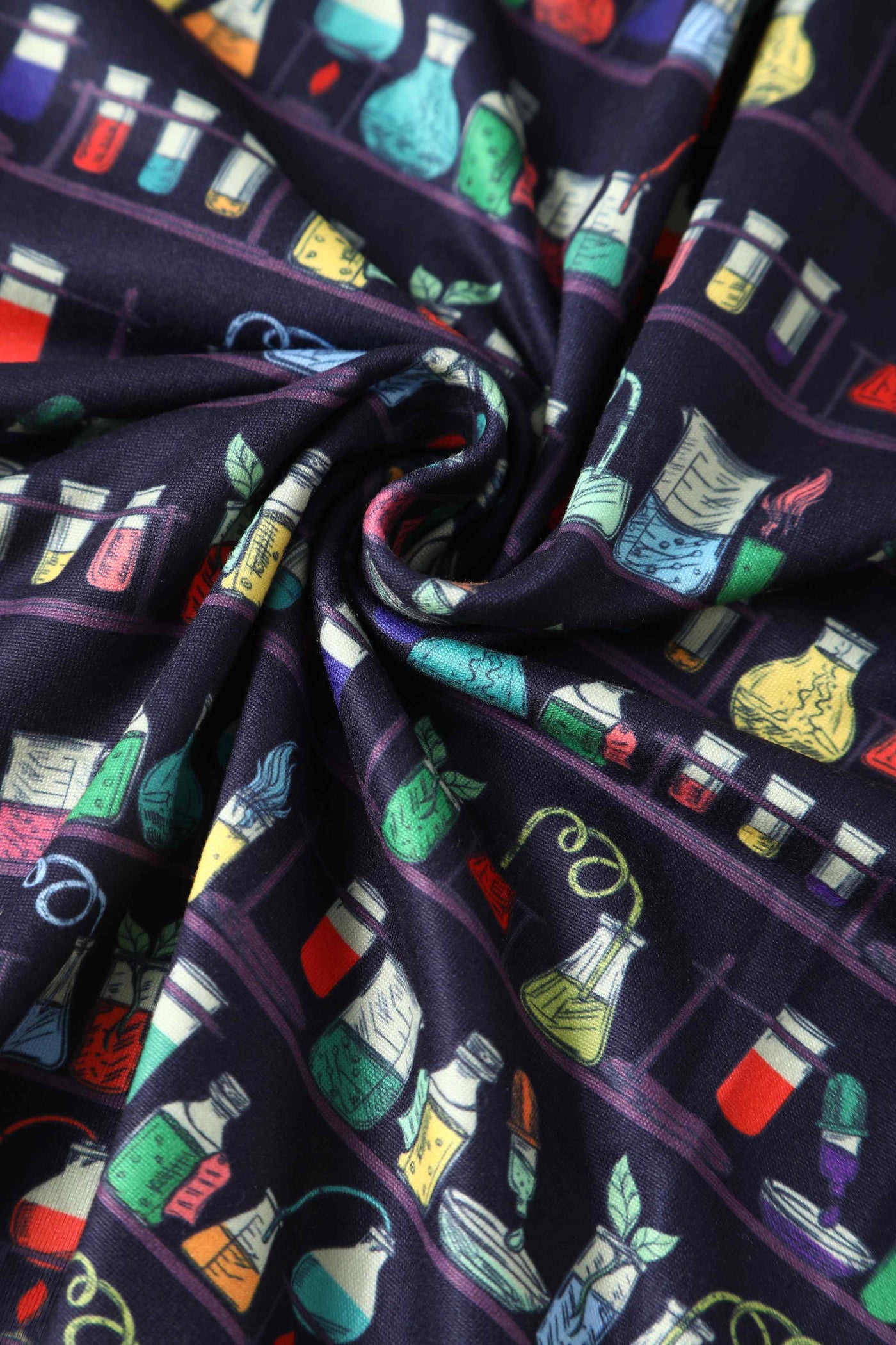 Close up view of Navy Blue Science Lab Print Flared Dress