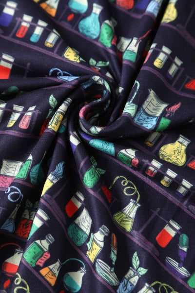 Close up view of Navy Blue Science Lab Print Flared Dress