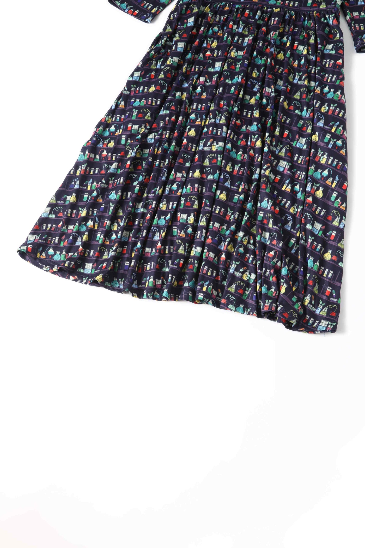 Close up view of Navy Blue Science Lab Print Flared Dress