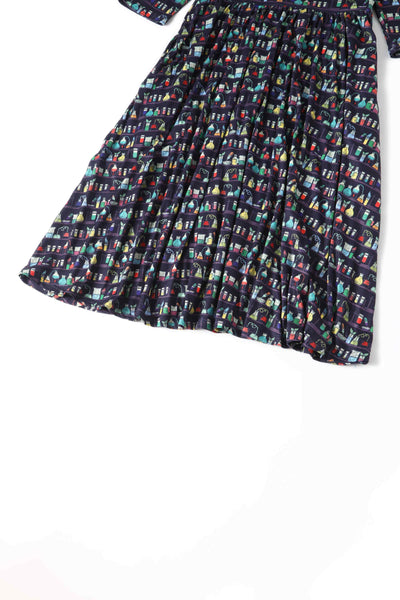 Close up view of Navy Blue Science Lab Print Flared Dress