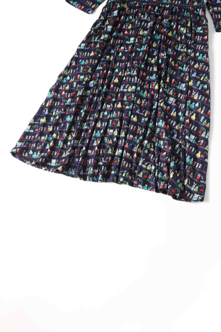 Navy Blue Science Lab Print Flared Dress Navy Blue Science Lab Print Flared Dress