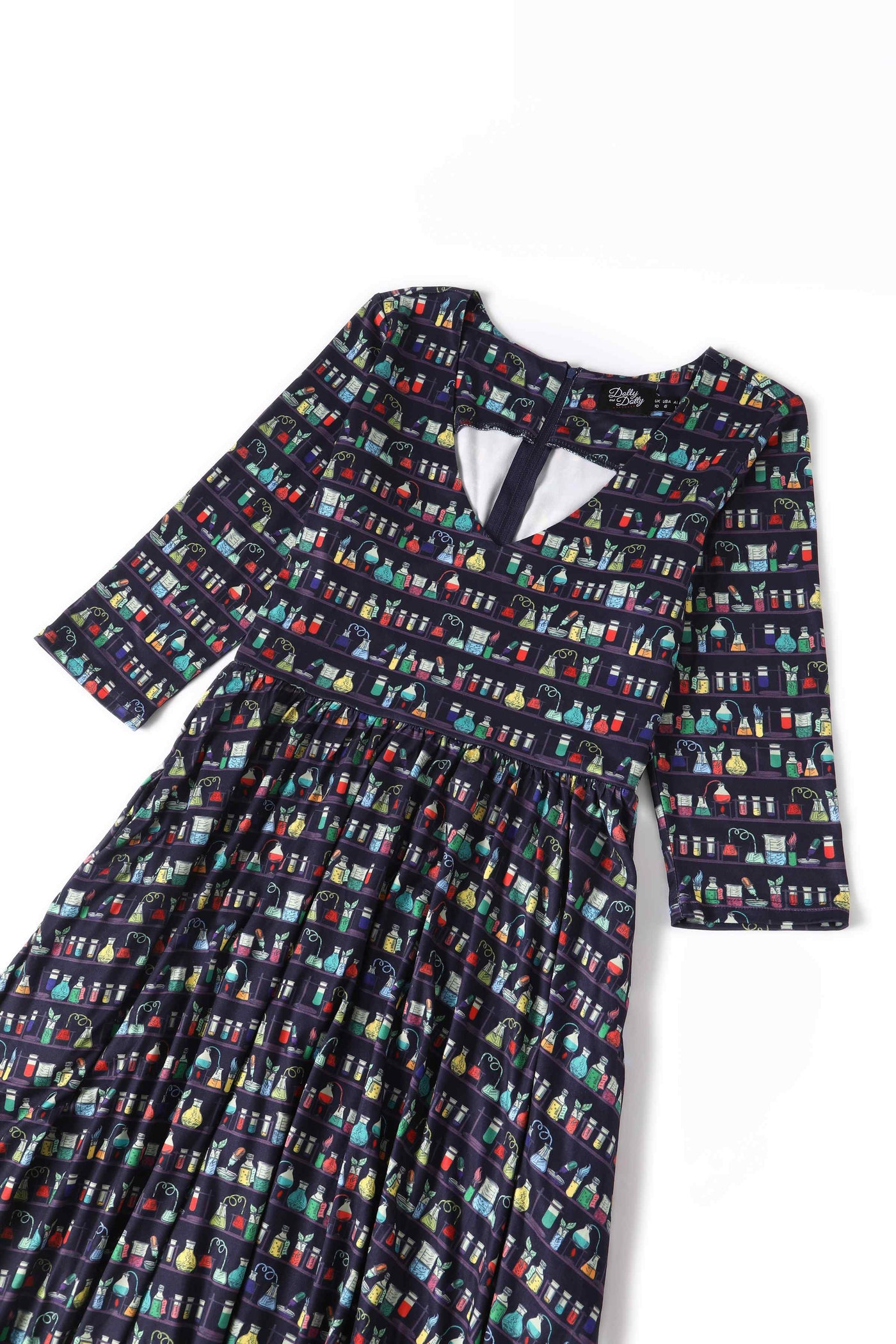 Close up view of Navy Blue Science Lab Print Flared Dress