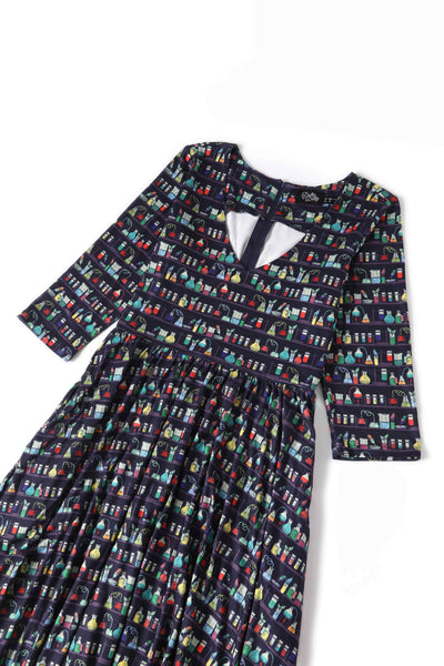 Close up view of Navy Blue Science Lab Print Flared Dress