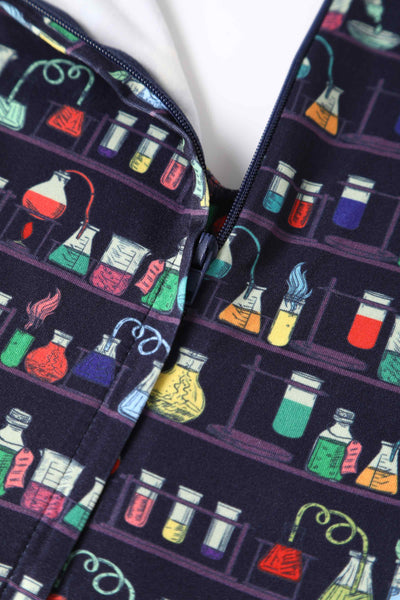 Close up view of Navy Blue Science Lab Print Flared Dress