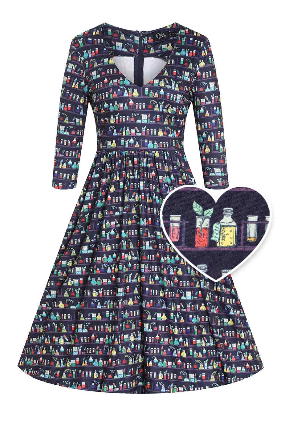 Front view of view of Navy Blue Science Lab Print Flared Dress