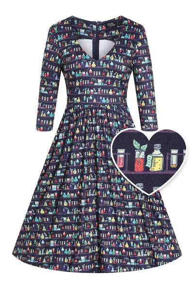 Front view of view of Navy Blue Science Lab Print Flared Dress