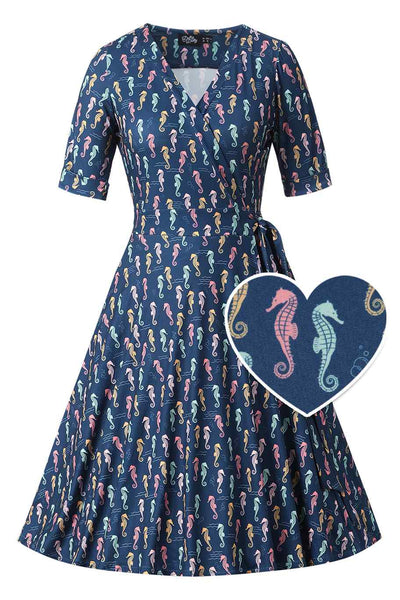 Front view of Navy Blue Seahorse Wrap Dress